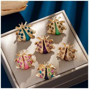 Ladybug Brooches Rhinestone Golden Alloy 6pc Set Different Colors Whimsical Pins